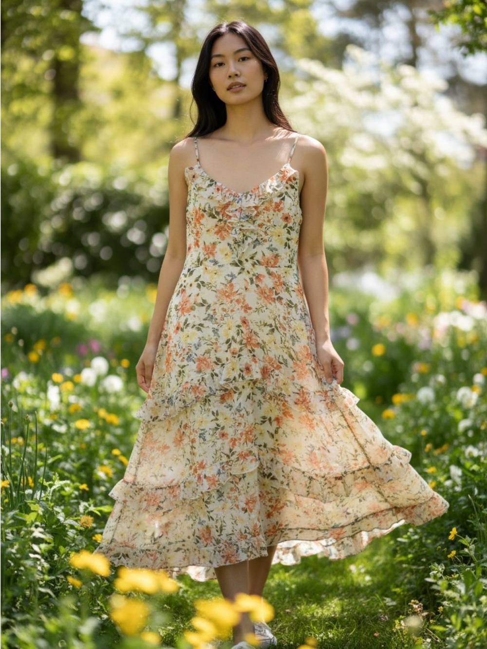 Msk SZ medium Floral Tiered Slip Dress in Cream and Peach